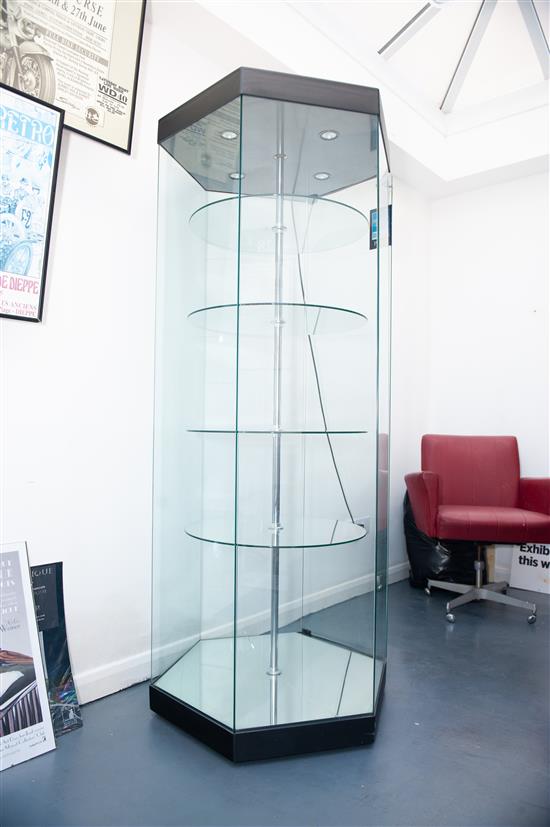 A large plate glass octagonal display case Height 6ft 10in. Width 1ft 6in.